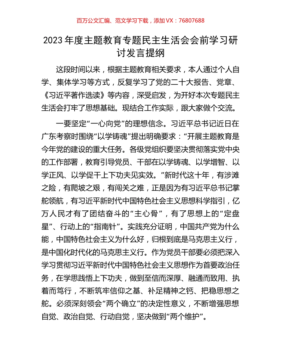 2023年度主题教育专题民主生活会会前学习研讨发言提纲.docx_第1页
