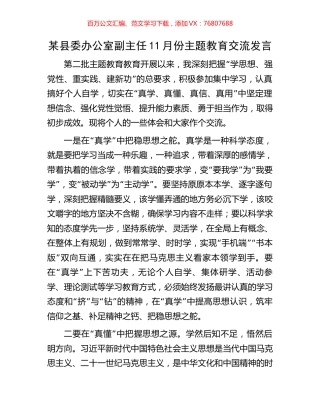 某县委办公室副主任11月份主题教育交流发言.docx