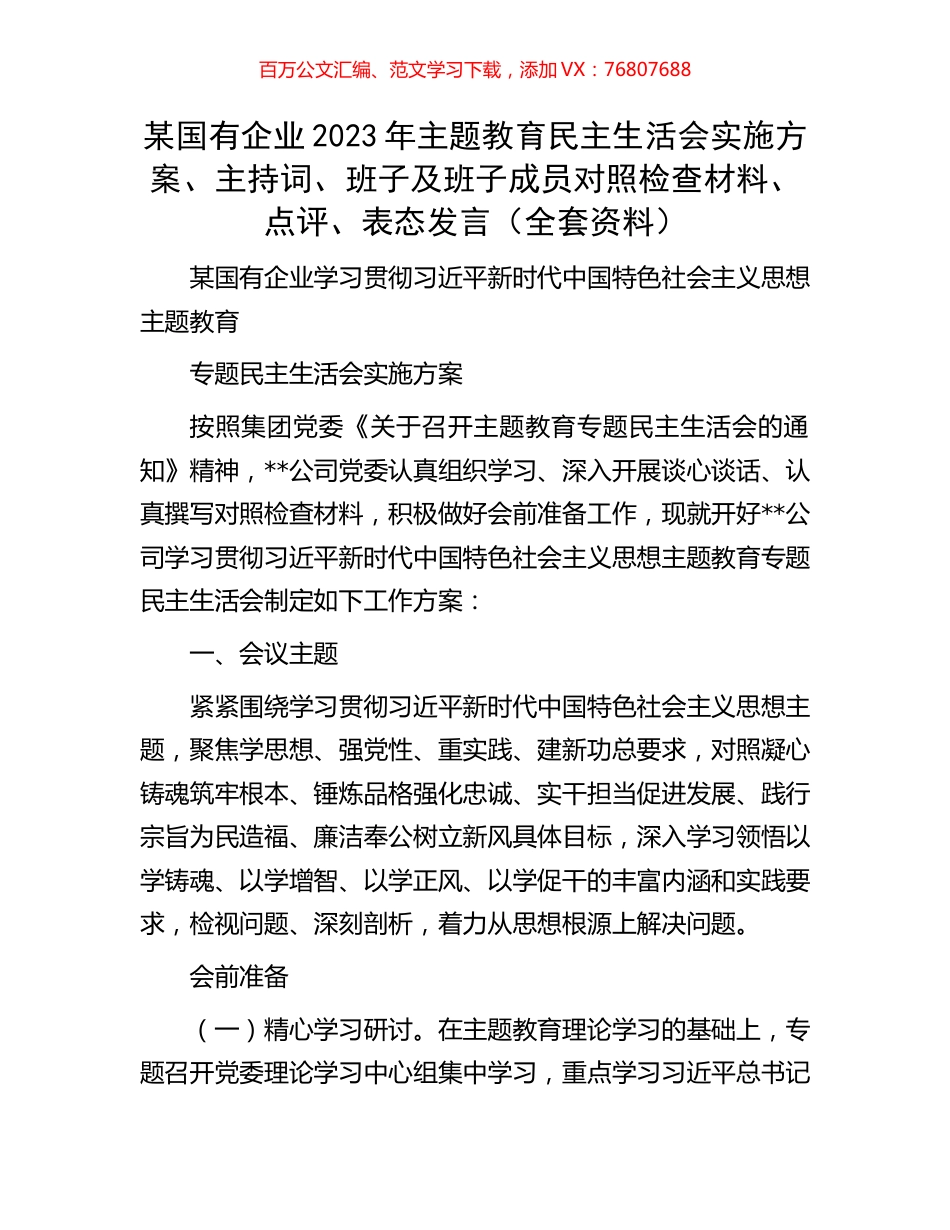 某国有企业2023年主题教育民主生活会实施方案、主持词、班子及班子成员对照检查材料、点评、表态发言（全套资料）.docx_第1页