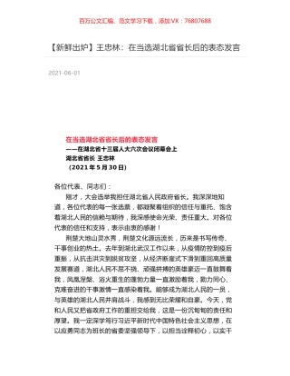 王忠林：在当选湖北省省长后的表态发言.docx