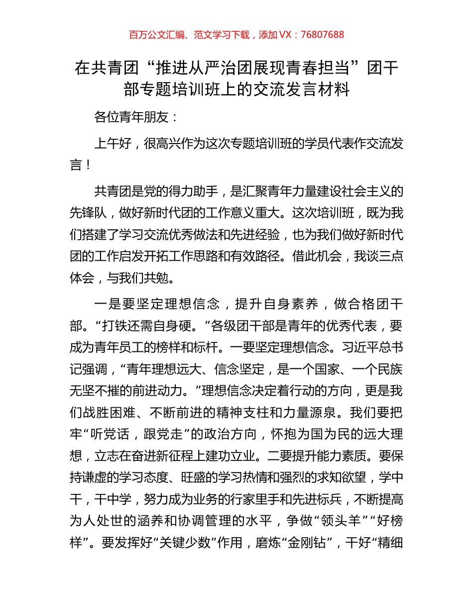 在共青团“推进从严治团 展现青春担当”团干部专题培训班上的交流发言材料.docx_第1页