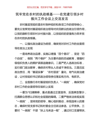 筑牢党在农村的执政根基——在党建引领乡村振兴工作会议上交流发言.docx