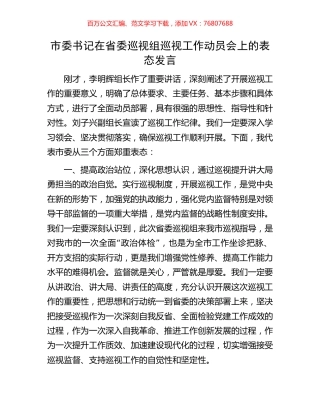 市委书记在省委巡视组巡视工作动员会上的表态发言.docx