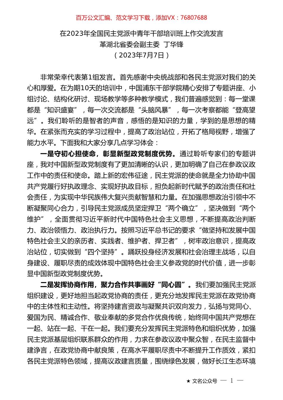 革湖北省委会副主委丁华锋：在2023年全国民主党派中青年干部培训班上作交流发言.doc_第1页