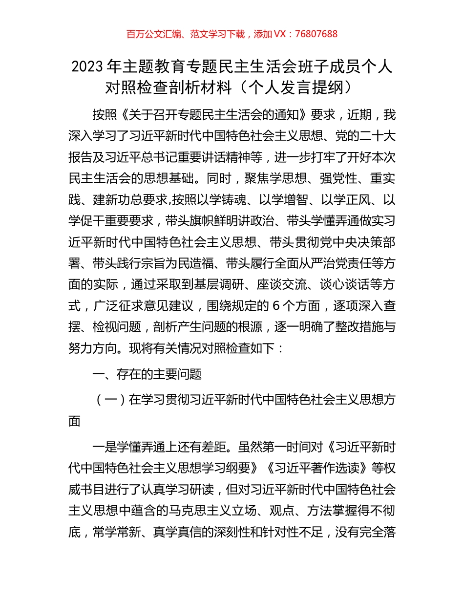 2023年主题教育专题民主生活会班子成员个人对照检查剖析材料（个人发言提纲）.docx_第1页