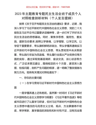 2023年主题教育专题民主生活会班子成员个人对照检查剖析材料（个人发言提纲）.docx
