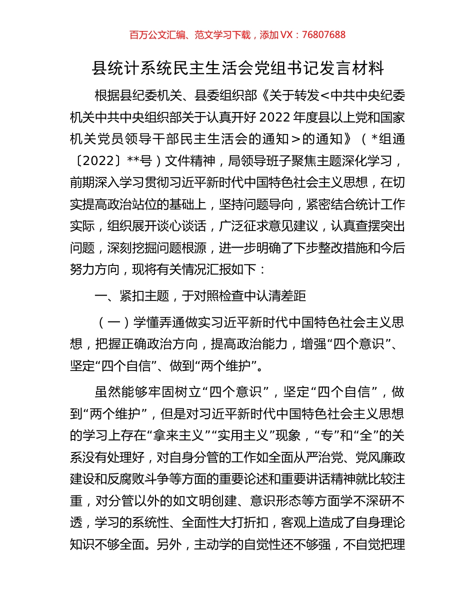 县统计系统民主生活会党组书记发言材料.docx_第1页