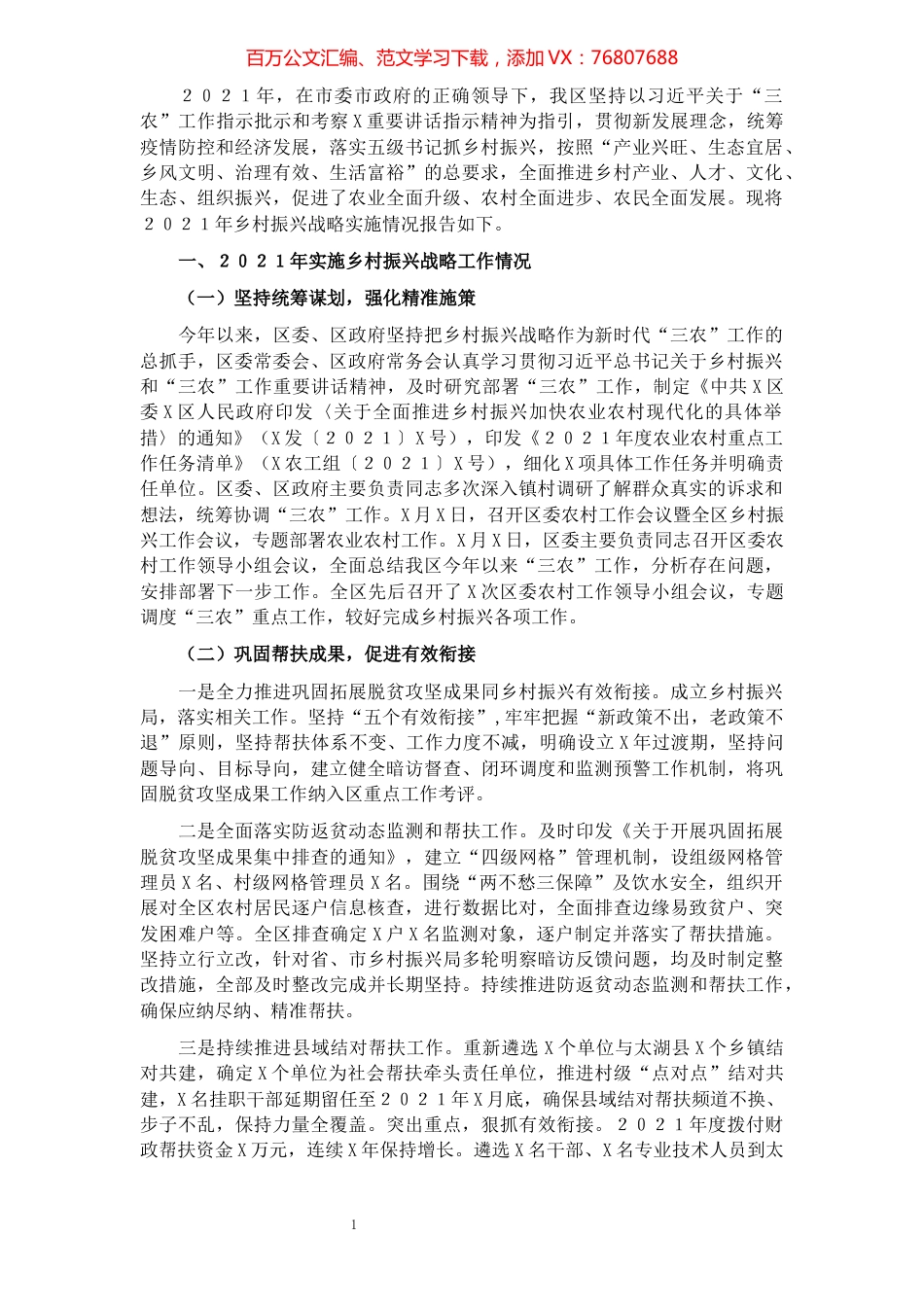 区人民政府乡村振兴战略实施情况报告.docx_第1页