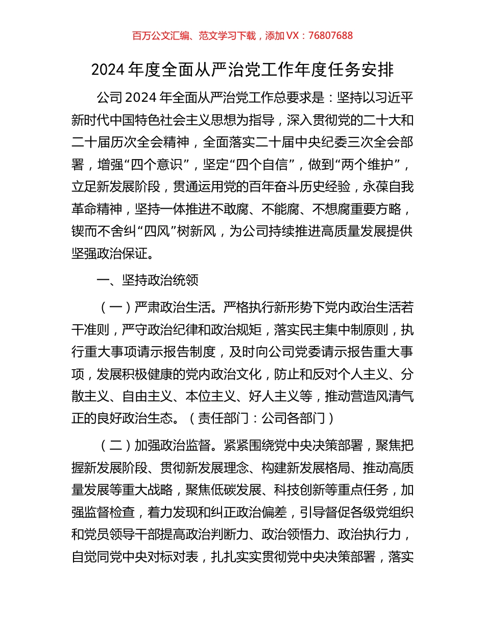 2024年度全面从严治党工作年度任务安排.docx_第1页