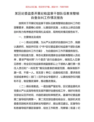 某区纪委监委开展纪检监察干部队伍教育整顿自查自纠工作情况报告.docx