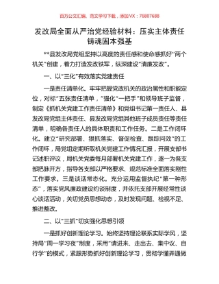 发改局全面从严治党经验材料：压实主体责任铸魂固本强基.docx