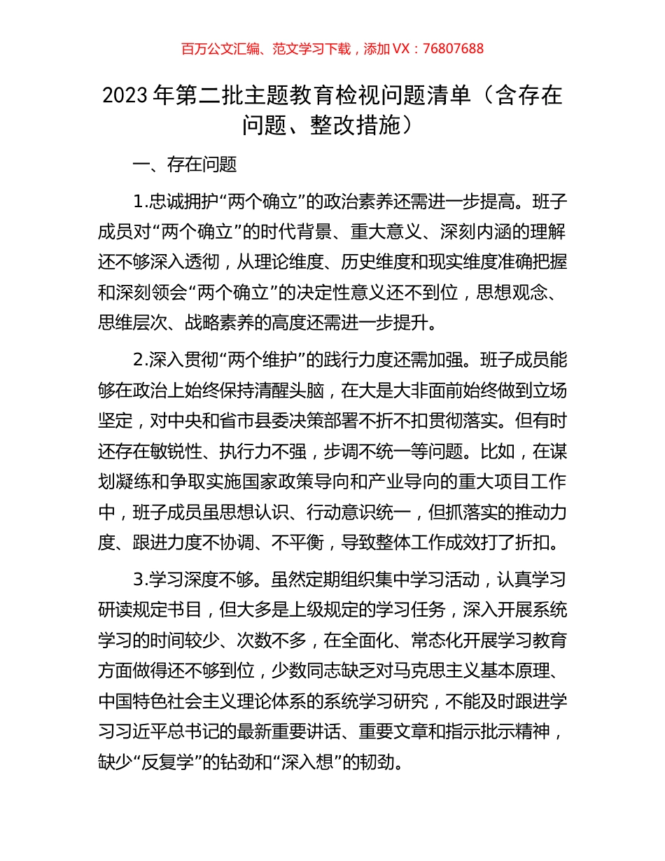 2023年第二批主题教育检视问题清单（含存在问题、整改措施）.docx_第1页