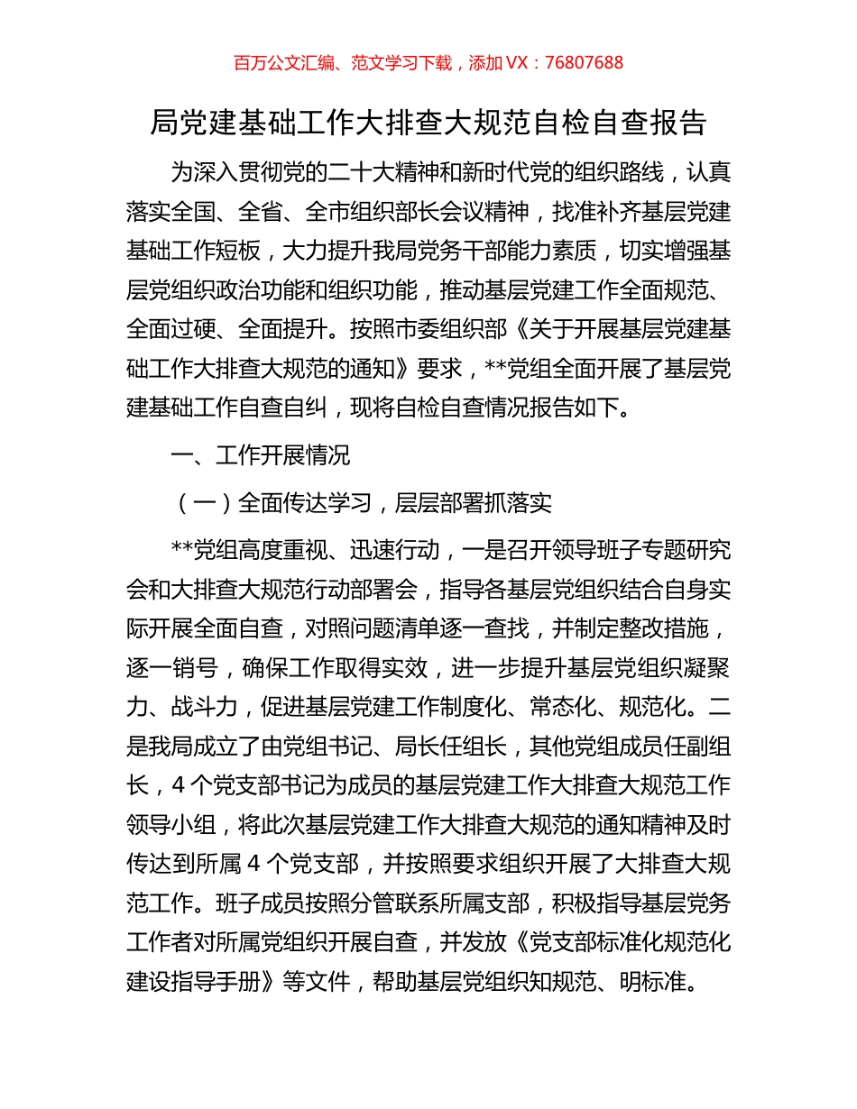 局党建基础工作大排查大规范自检自查报告.docx_第1页