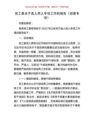 党工委关于选人用人专项工作的报告（巡察专项）.docx