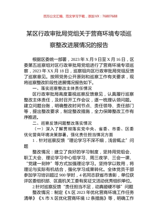 某区行政审批局党组关于营商环境专项巡察整改进展情况的报告.docx