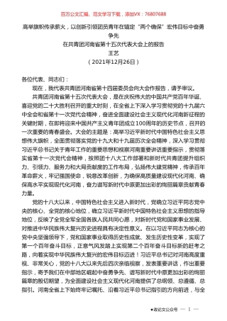 王艺：在共青团河南省第十五次代表大会上的报告.doc