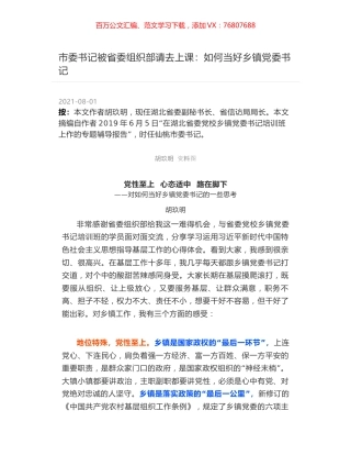 市委书记被省委组织部请去上课：如何当好乡镇党委书记.docx