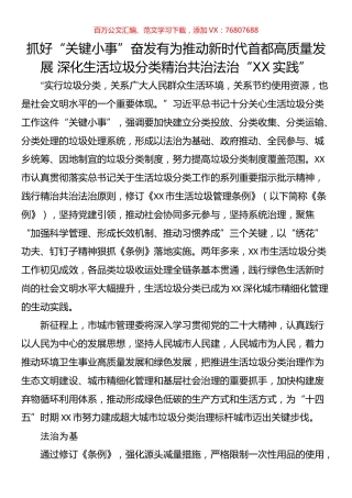 抓好“关键小事”奋发有为推动新时代首都高质量发展 深化生活垃圾分类精治共治法治“XX实践”.docx