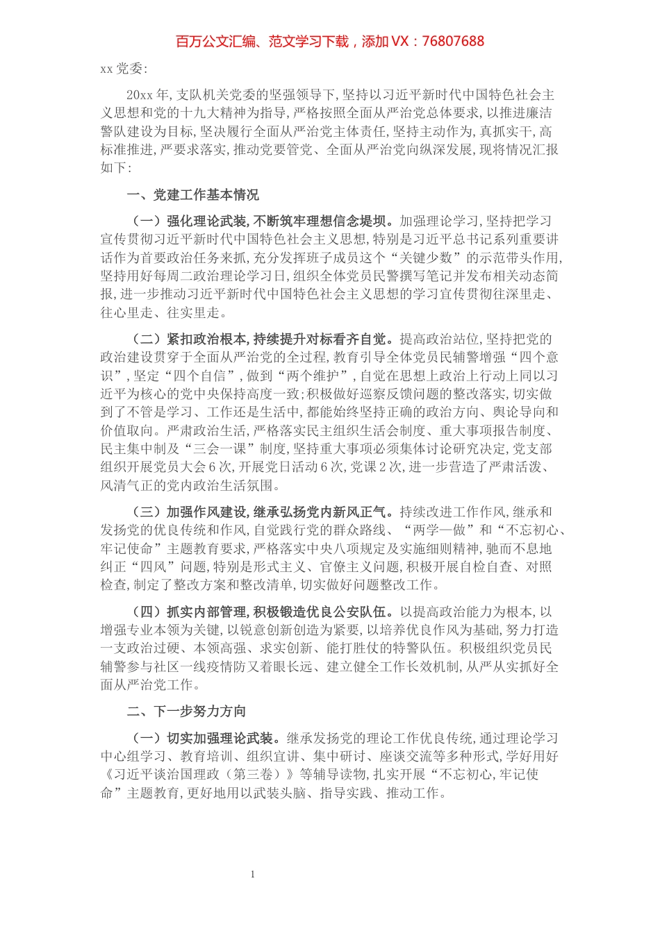 公安局科所队党支部落实全面从严治党主体责任情况报告.docx_第1页