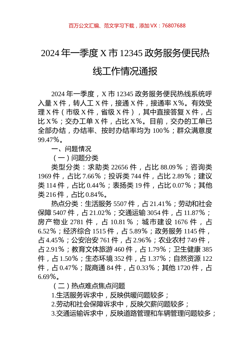 2024年一季度X市12345政务服务便民热线工作情况通报.docx_第1页
