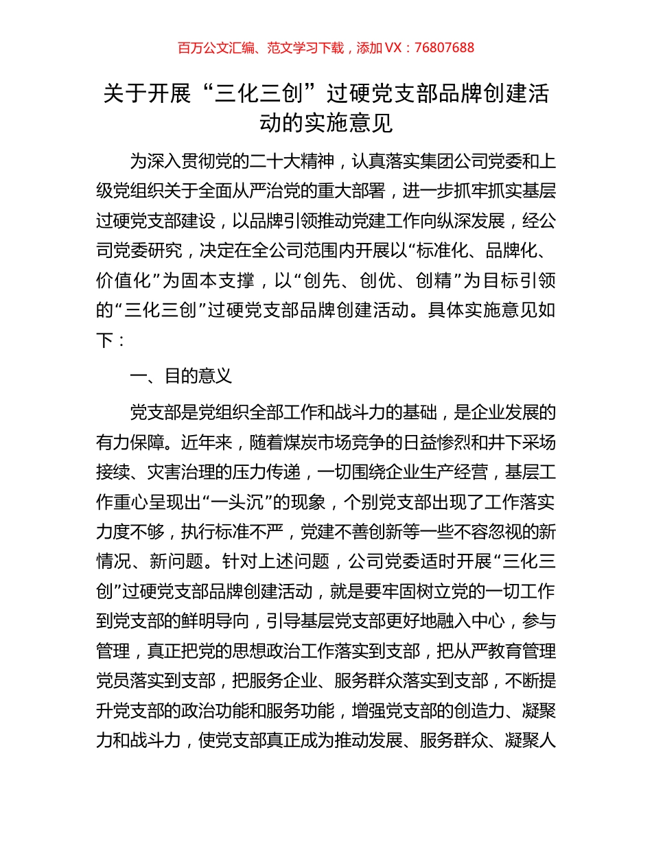 关于开展“三化三创”过硬党支部品牌创建活动的实施意见.docx_第1页