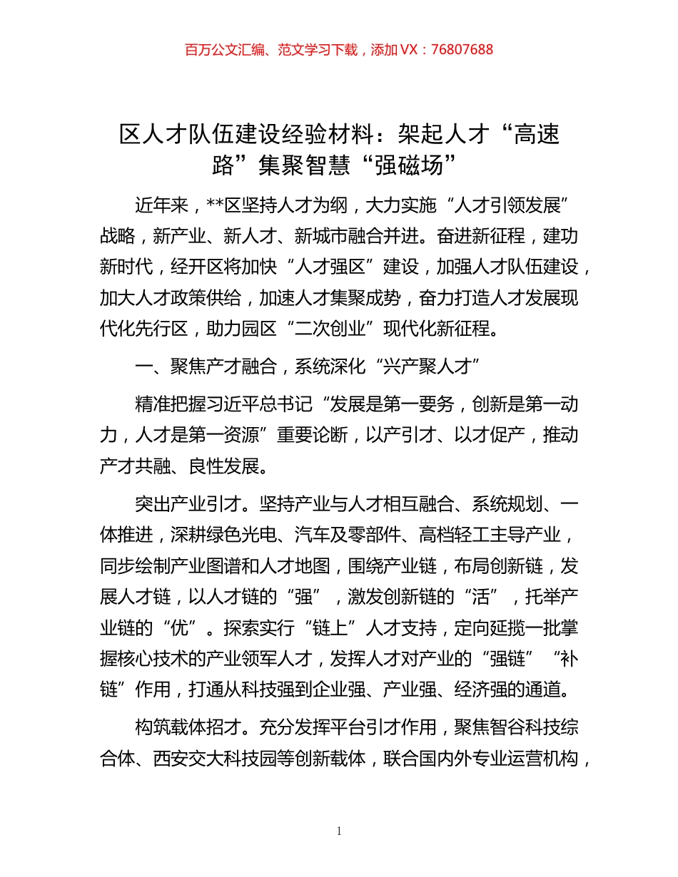 -区人才队伍建设经验材料：架起人才“高速路”集聚智慧“强磁场”.docx_第1页