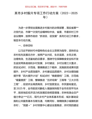 某市乡村振兴专项工作行动方案（2022—2025年）.docx
