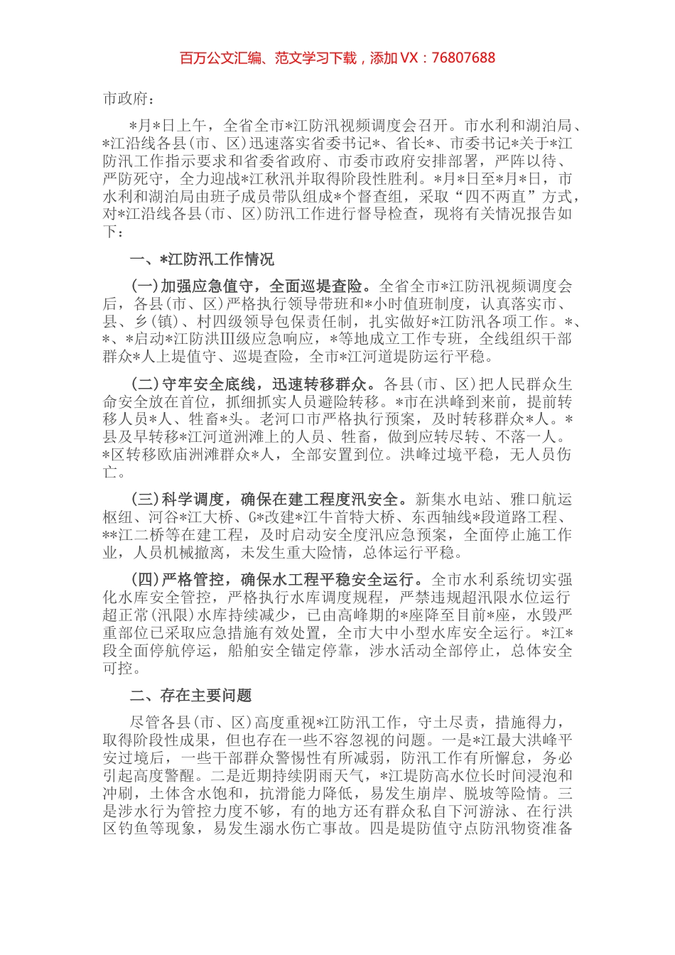 市水利和湖泊局关于防汛工作督导检查情况报告.docx_第1页