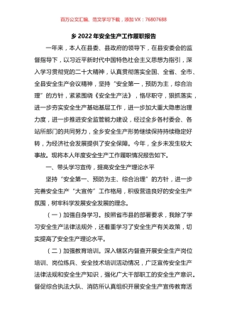 乡2022年安全生产工作履职报告.docx