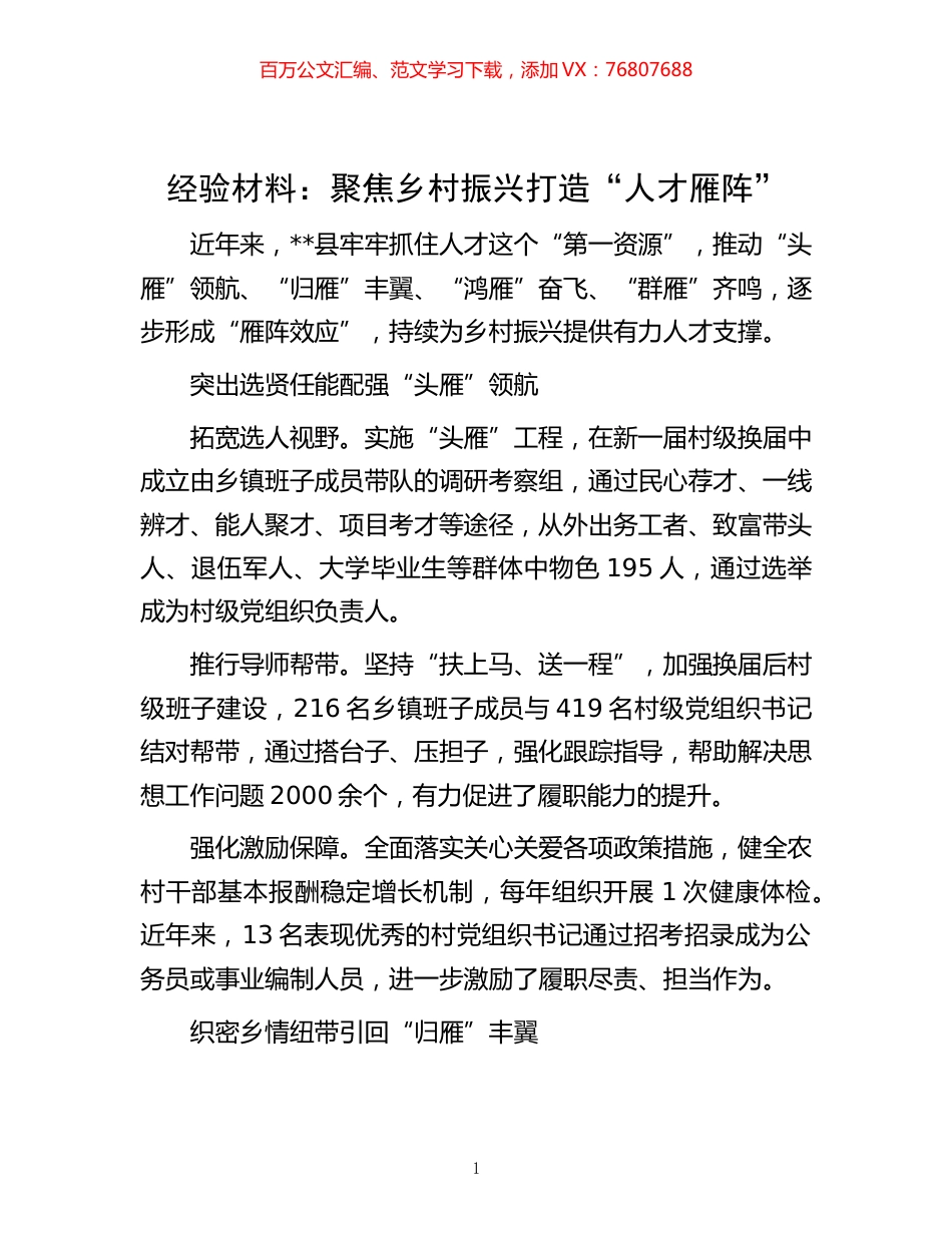 -材料：聚焦乡村振兴 打造“人才雁阵”.docx_第1页