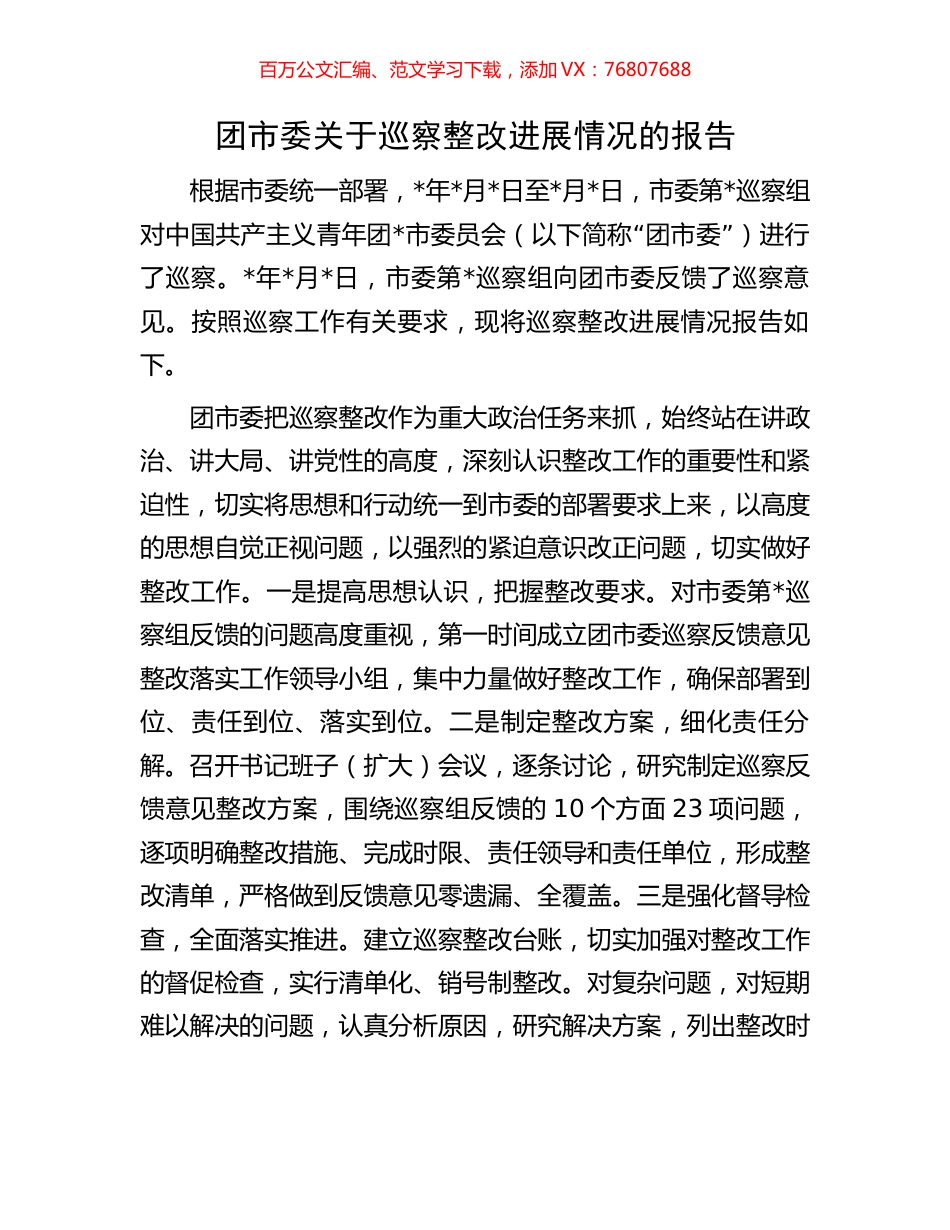 团市委关于巡察整改进展情况的报告.docx_第1页