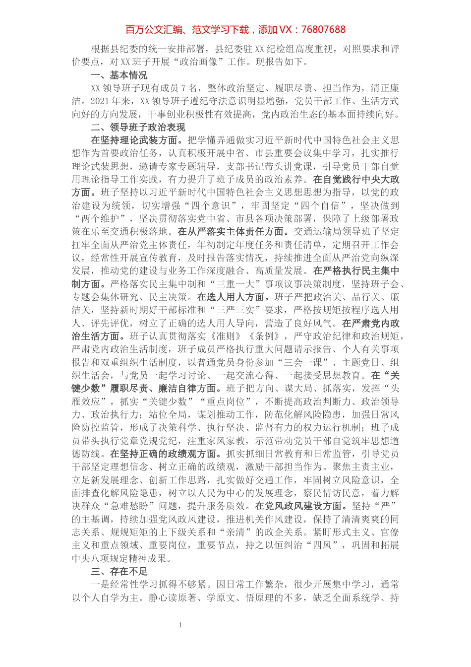 科级党组班子“政治画像”报告（班子评价）.docx_第1页