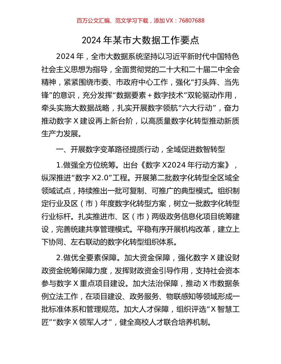 2024年某市大数据工作要点.docx_第1页