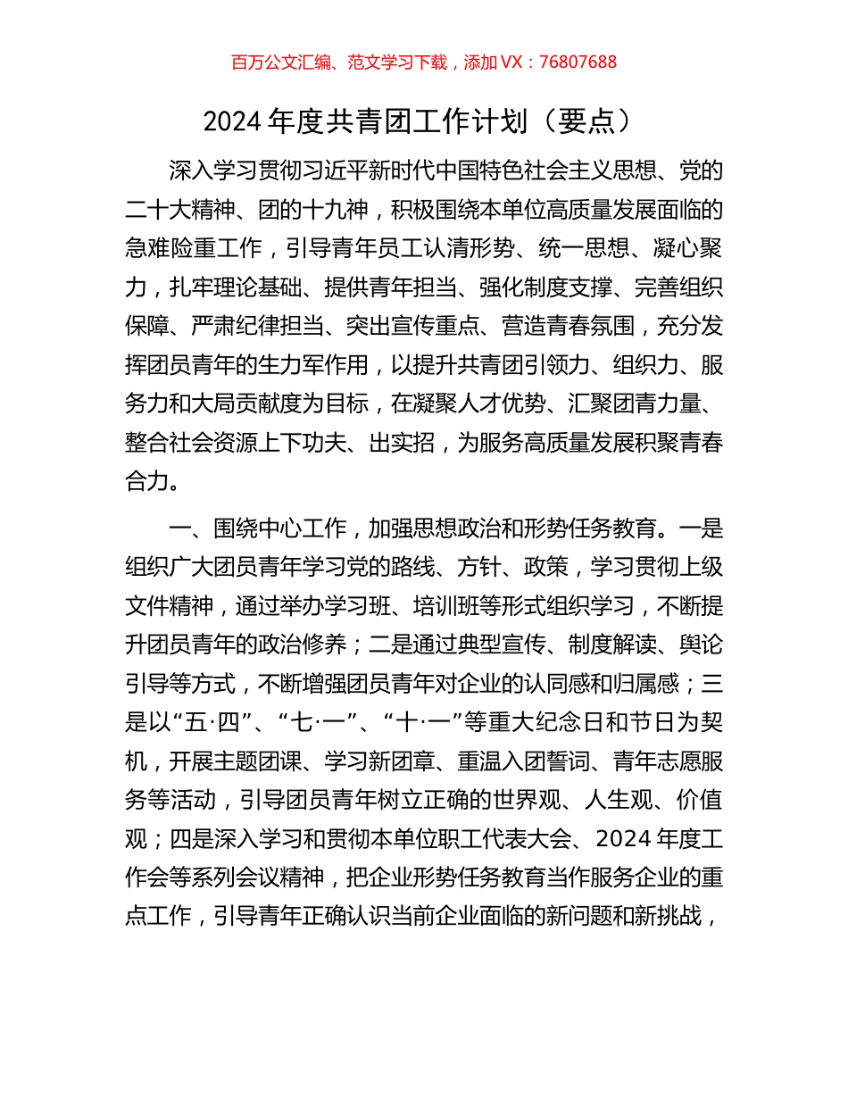 2024年度共青团工作计划（要点）.docx_第1页