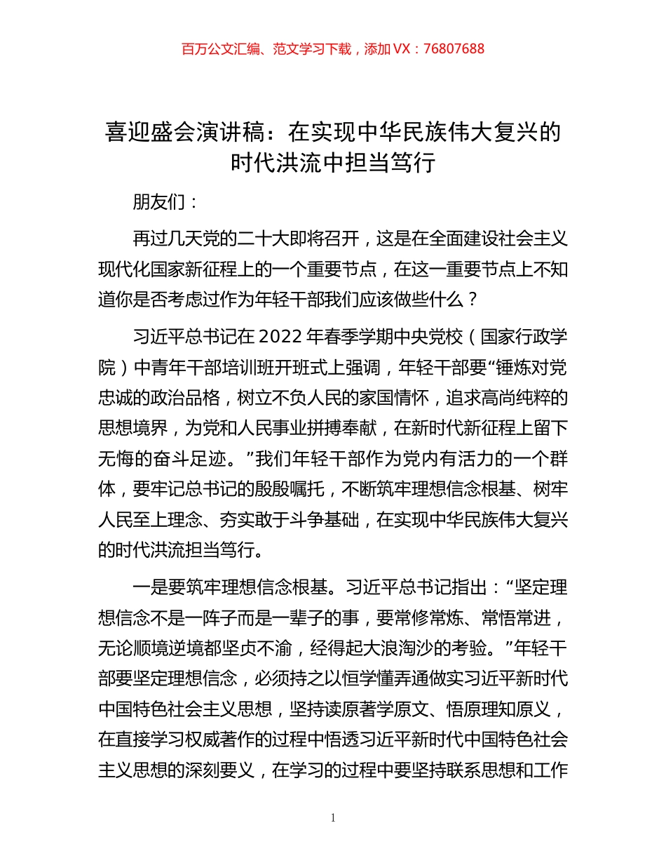 喜迎盛会演讲稿： 在实现中华民族伟大复兴的时代洪流中担当笃行.docx_第1页