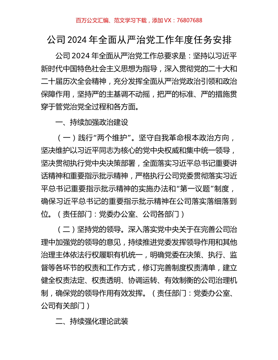 公司2024年全面从严治党工作年度任务安排.docx_第1页