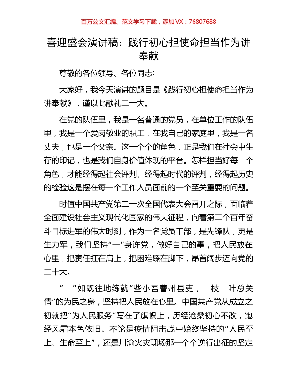 喜迎盛会演讲稿：践行初心担使命  担当作为讲奉献.docx_第1页
