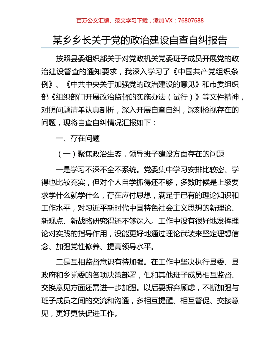 某乡乡长关于党的政治建设自查自纠报告.docx_第1页