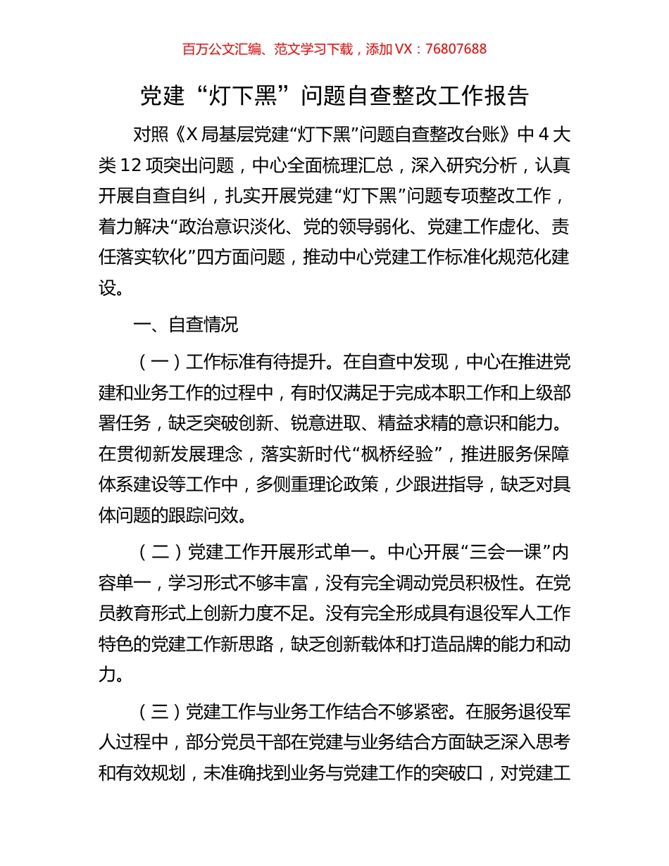 党建“灯下黑”问题自查整改工作报告.docx_第1页