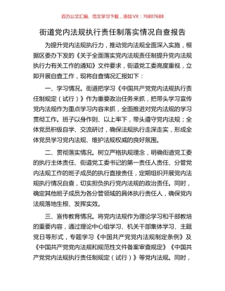 街道党内法规执行责任制落实情况自查报告.docx