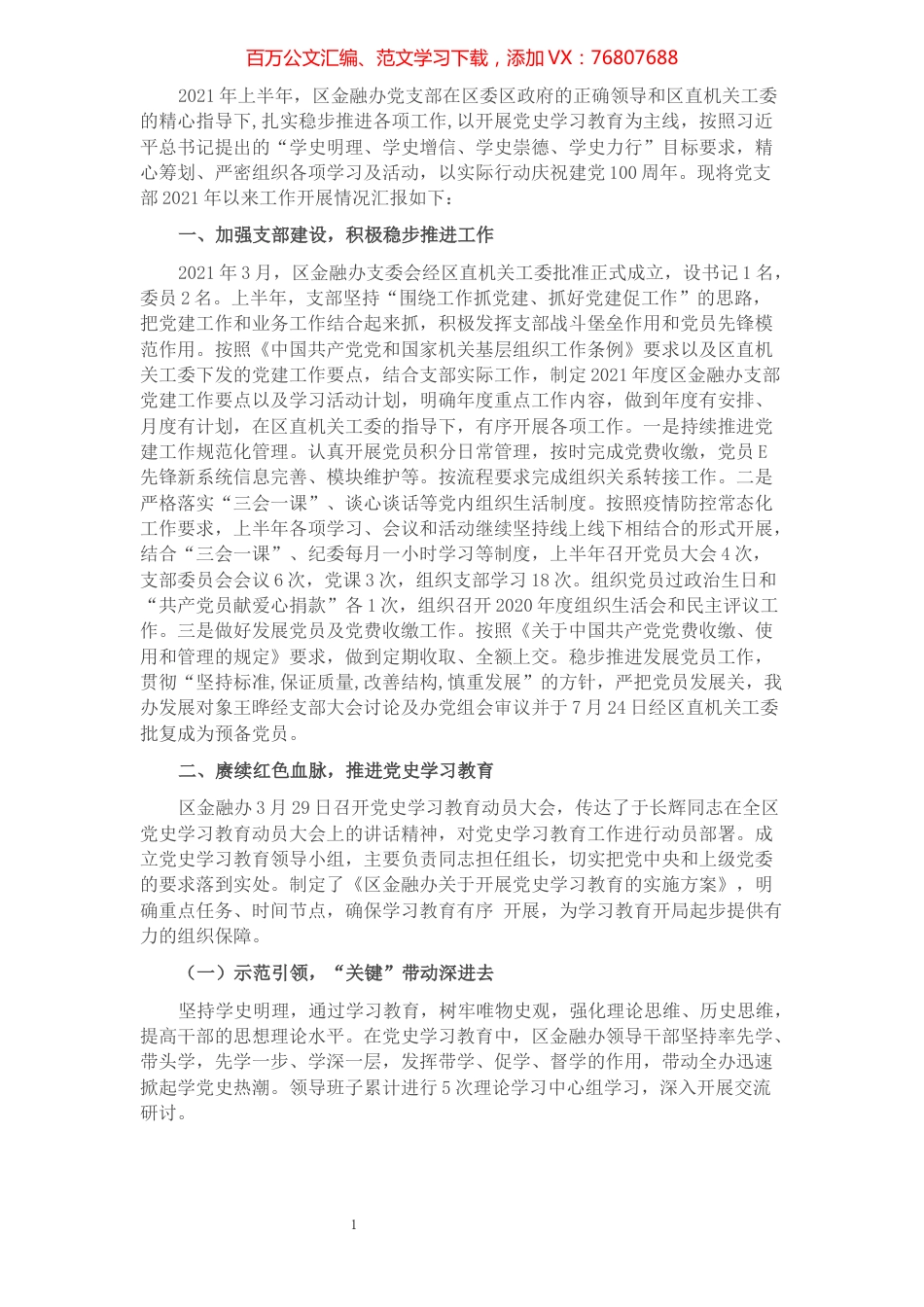 区金融办支委会上半年工作情况及检视材料.docx_第1页