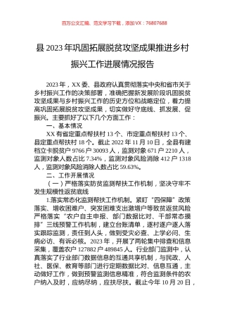 县2023年巩固拓展脱贫攻坚成果推进乡村振兴工作进展情况报告.docx