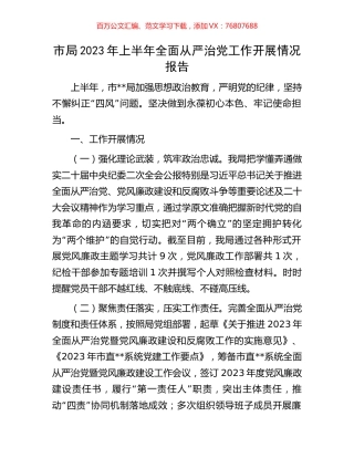 市局2023年上半年全面从严治党工作开展情况报告.docx