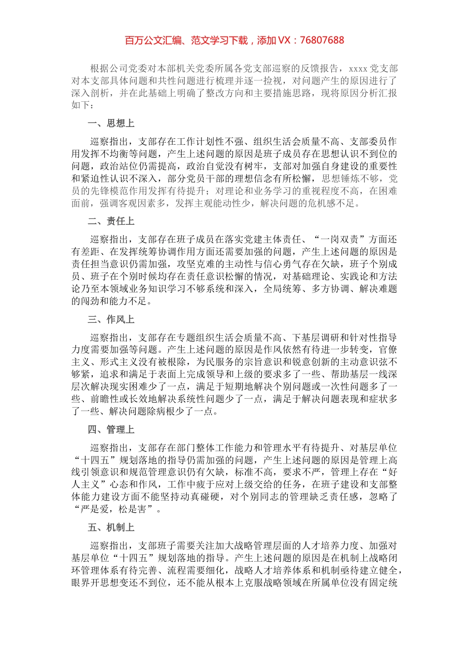 集团公司某支部巡察反馈问题原因分析报告.docx_第1页