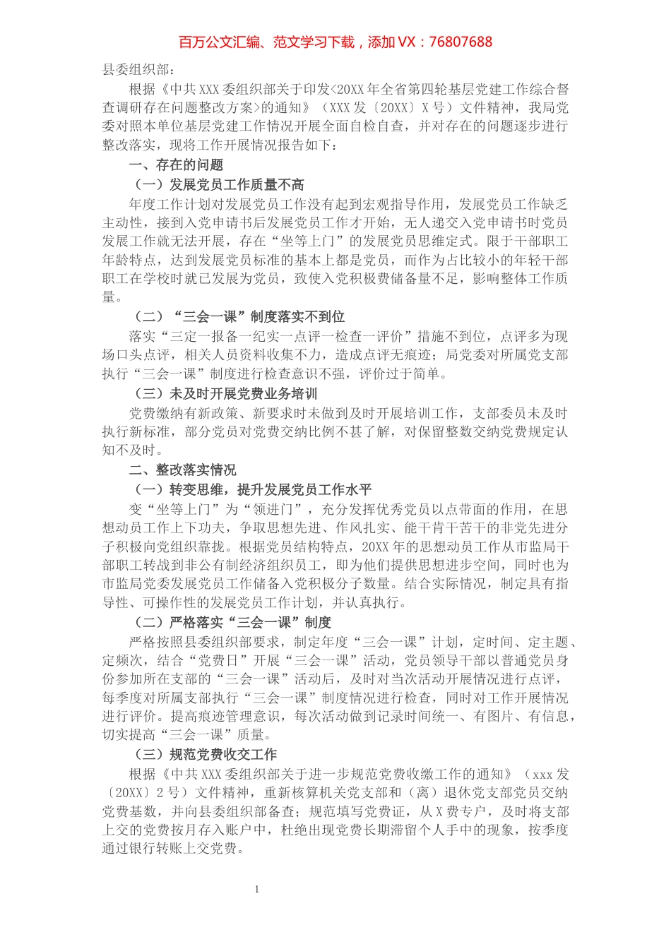 X局基层党建工作存在问题整改落实情况报告.docx_第1页