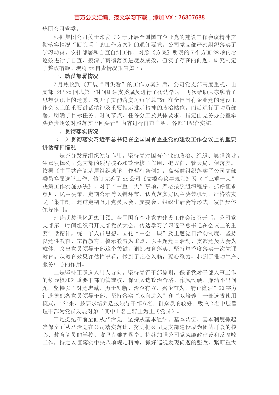 公司党建工作会议精神贯彻落实情况“回头看”自查情况报告.docx_第1页