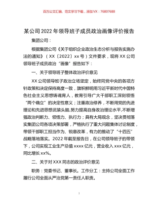 -某公司2022年领导班子成员政治画像评价报告.docx