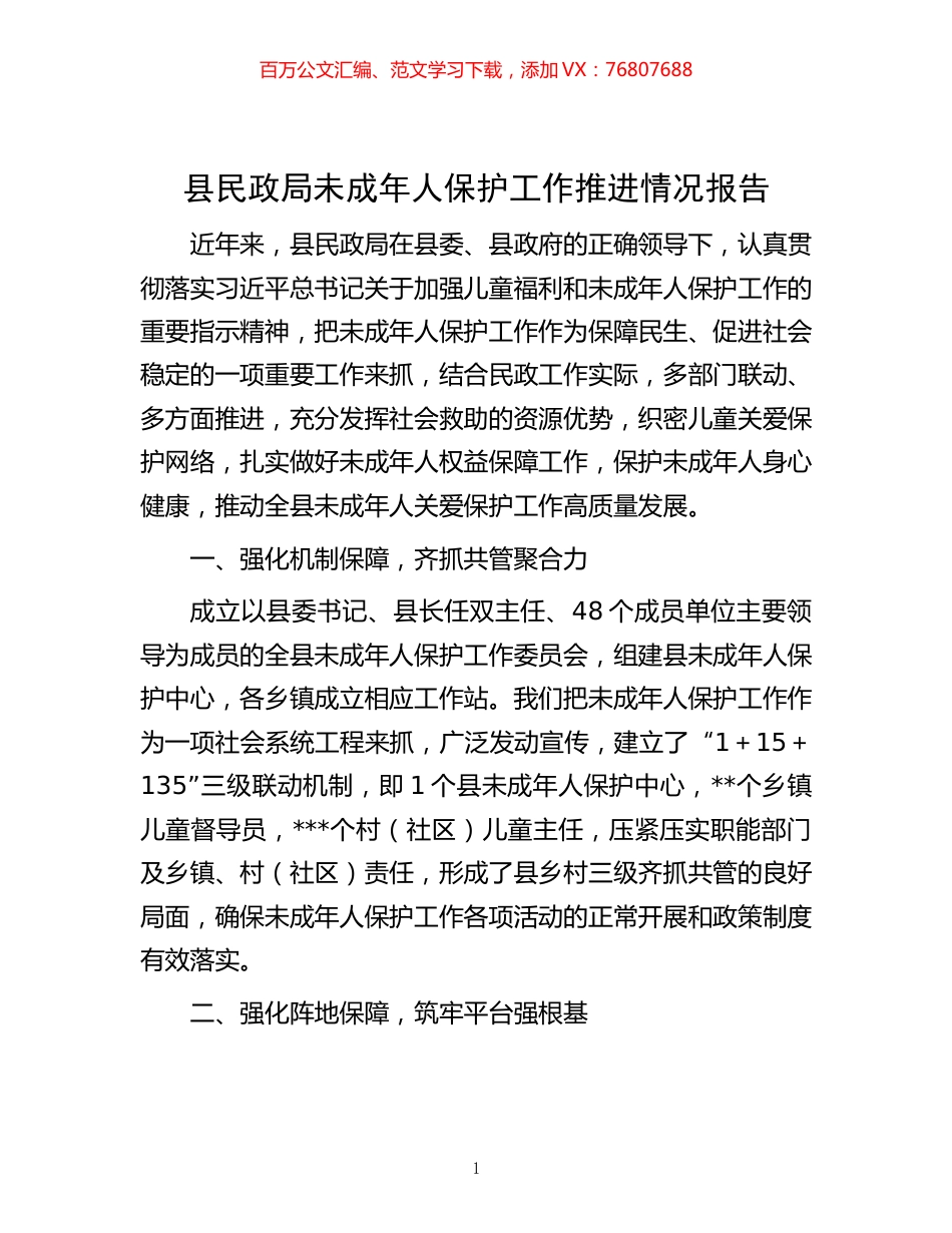 -县民政局未成年人保护工作推进情况报告.docx_第1页