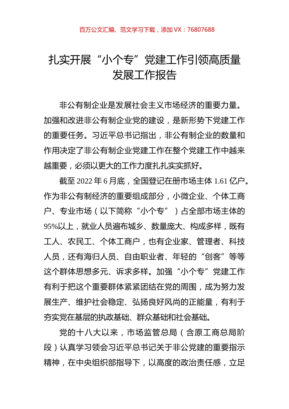 扎实开展“小个专”党建工作引领高质量发展工作报告.docx_第1页