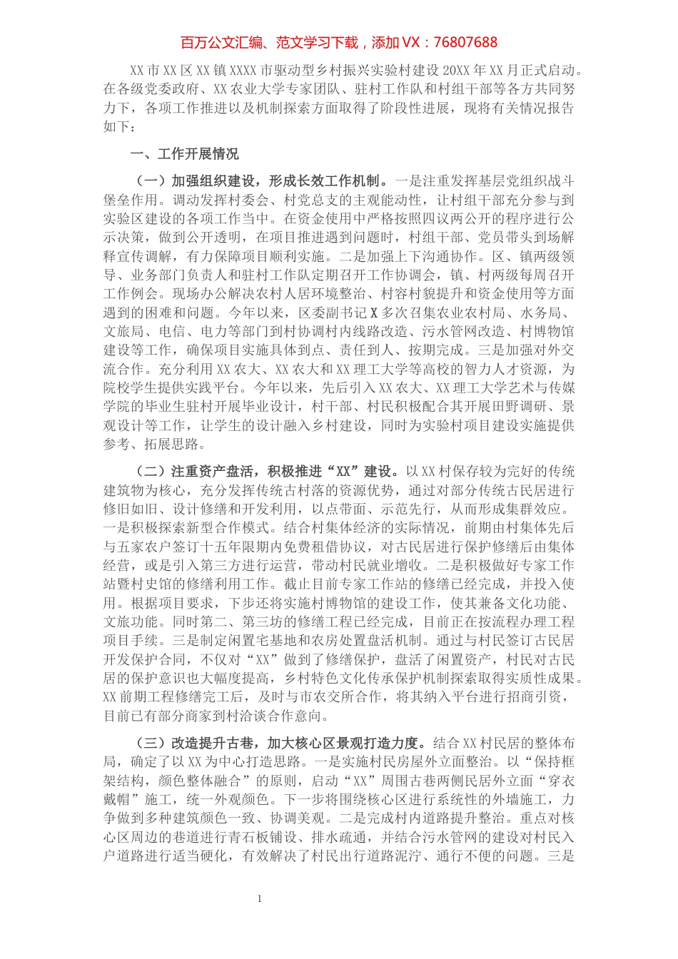 X市驱动型乡村振兴创新实验村工作进展情况报告.docx_第1页